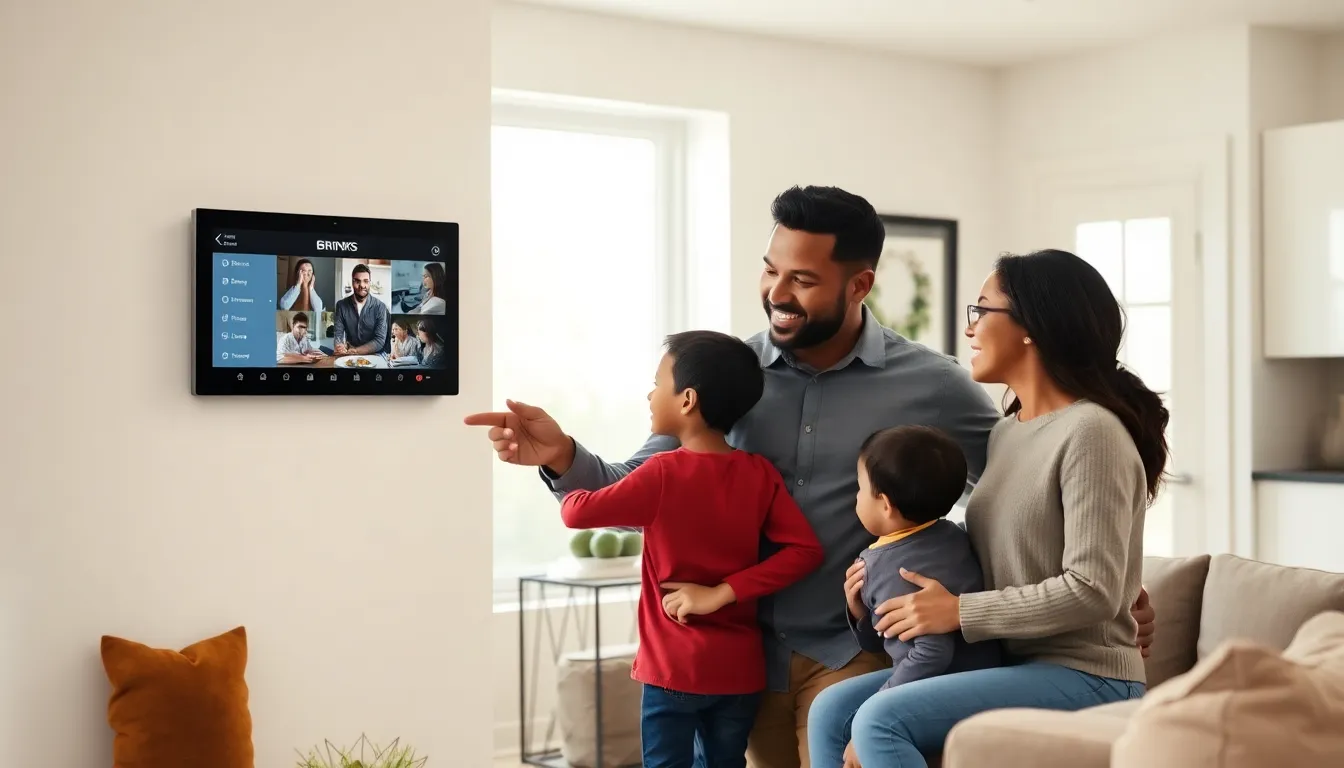 family controlling Brinks Home Alarm system in a modern living room.